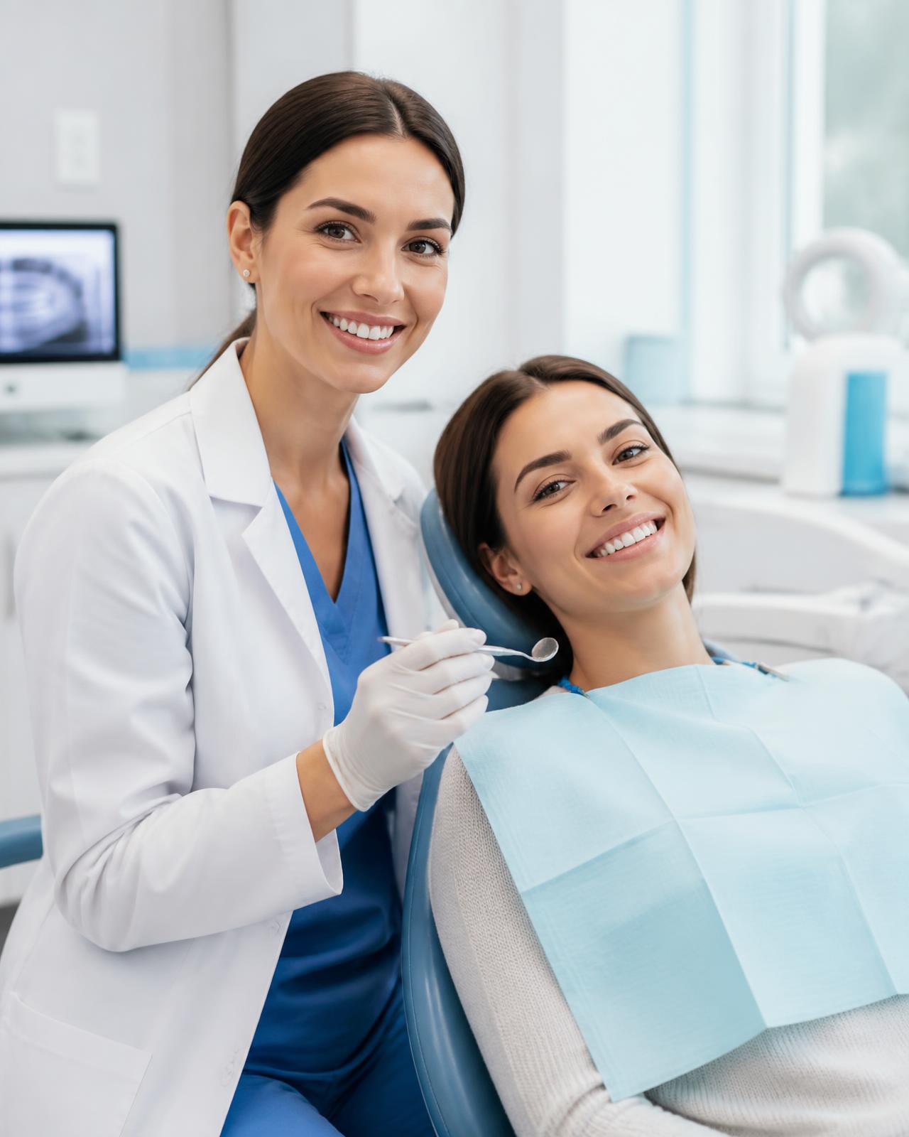 Dentista atendendo uma paciente sorrindo em consultório odontológico moderno